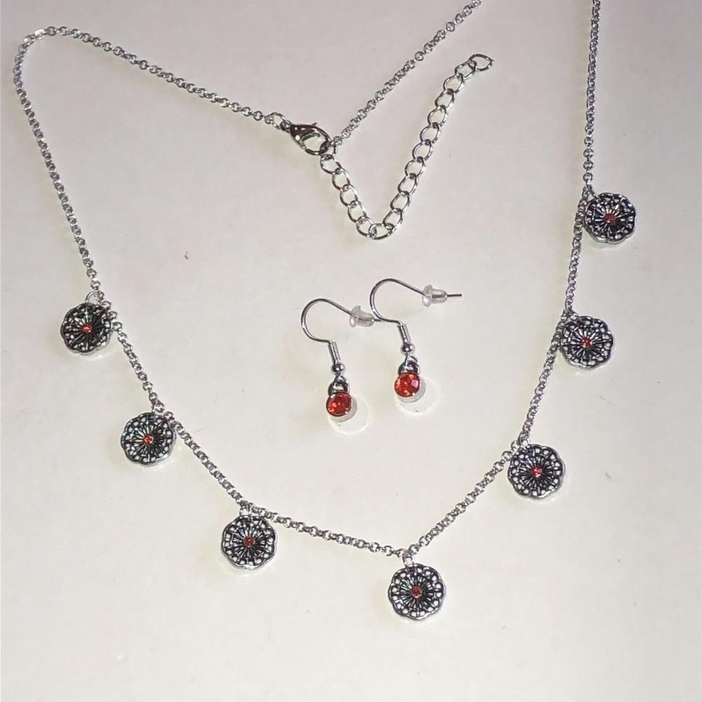 Silver Tone Floral Disc Necklace & Orange Accent Earrings Set